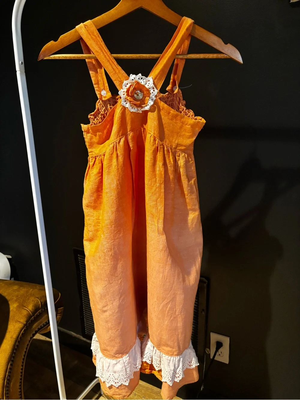 Classic Orange Crochet-Trim Romper with Floral Accent